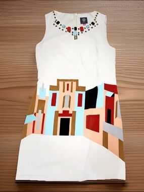 Vince Camuto Cream Sleeveless Shift Dress with Multicolor Architectural Print